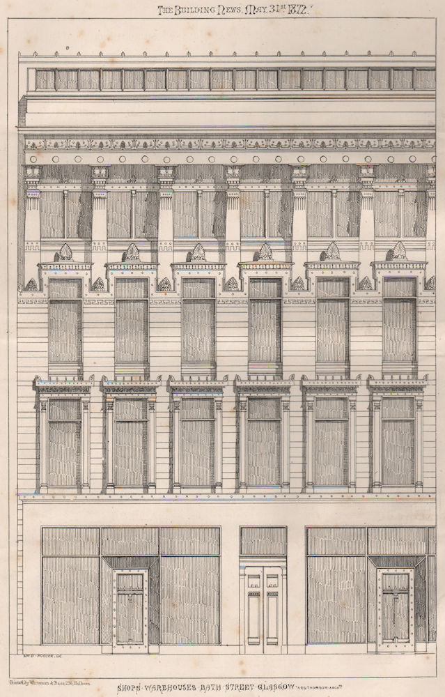 Shops & warehouses, Bath Street,Glasgow; A & G Thomson, Architects 1872 print